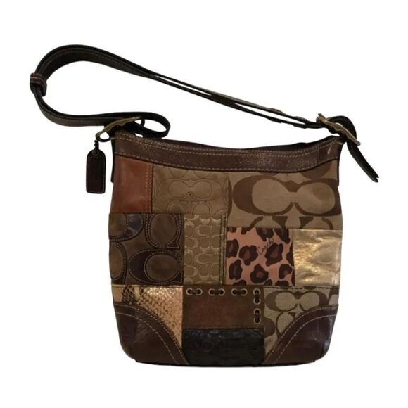 Vintage Coach Animal Print Patchwork Suede, Leather, Canvas & Velvet Hobo Bag - Picture 1 of 14